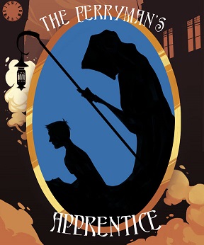 A blue oval inside a brassy, sepia-toned image of a silhouetted city. Inside the blue circle, a cloaked figure holds a lantern, while in front of him, the silhouette of a young man sits with his hands clasped in front of him. Text above and below the circle reads 'The Ferryman's Apprentice'.