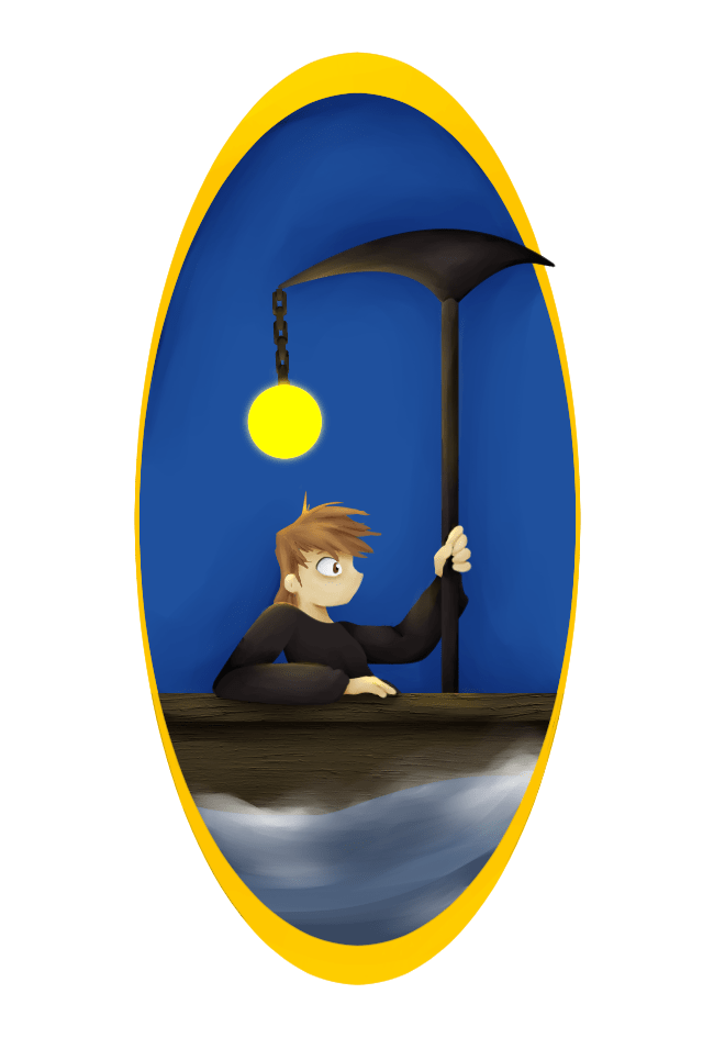 Sticker design depicting Wilom from The Ferryman's Apprentice sitting in a boat with a lantern. Art and design by Shannon Thomson