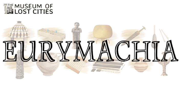Two lines of partially-transparent archaeological artefacts of various kinds, including statues, tools, and a board game. The text, "Eurymachia" is superimposed over them in an all-caps, blocky font.